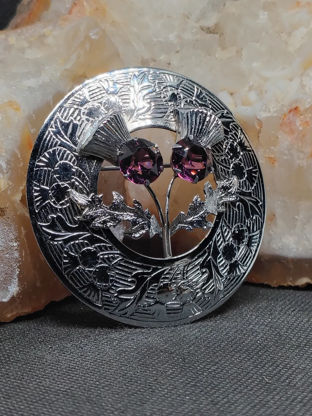 Mizpah Vintage Silver Tone Thistle Brooch with Purple Rhinestone Accents